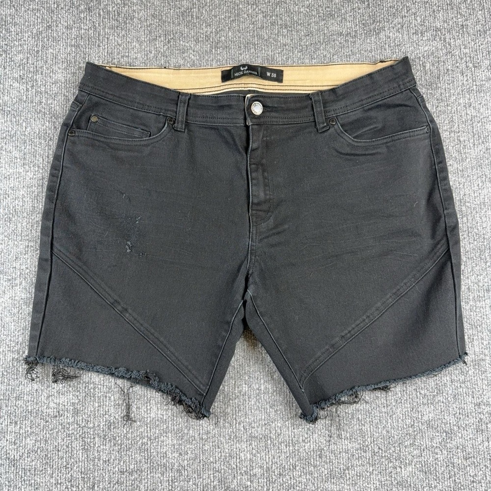 Nick Danger Shorts Mens 38 Black Denim Biker Distressed 8 Inseam Raw Hem Stretch